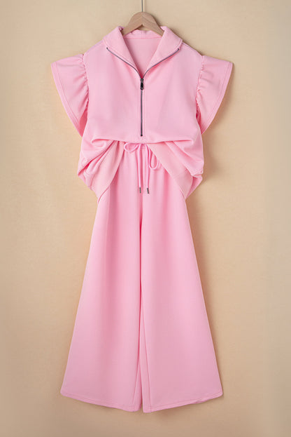 Kallie Ruffled Sleeve Zipped Top and Wide Leg Pants Set