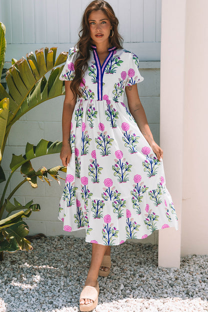 Julietta Floral Puff Short Sleeve V Neck High Waist Maxi Dress