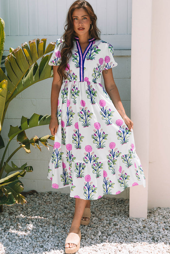Julietta Floral Puff Short Sleeve V Neck High Waist Maxi Dress