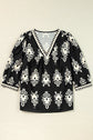 Vintage Geometric Printed V Neck Blouse