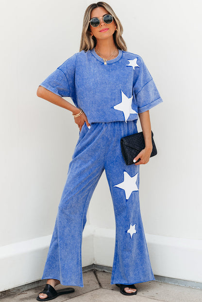 Arabella Acid Wash Star Patched Rolled Trim Pants Set
