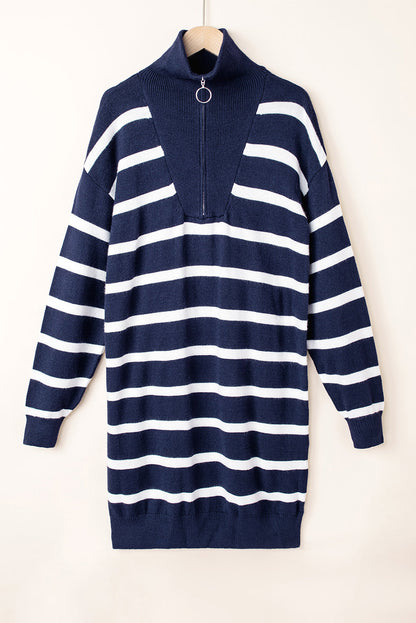 Iris Striped Zip Collared Loose Sweater Mini Dress