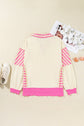 Pink Stripe Contrast Polo Collar Drop Shoulder Patchwork Plus Size Pullover