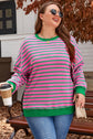 Pink Stripe Waffle Knit Crew Neck Plus Size Sweatshirt