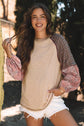 Elena Raglan Sleeve Ribbed Knit Patchwork Blouse