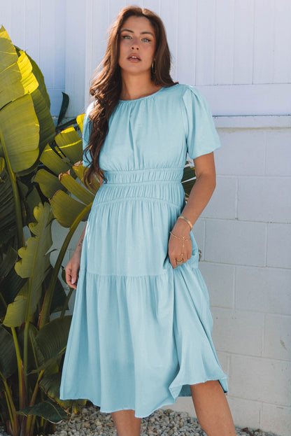 Lara Puff Sleeve Pleated High Waist Midi Dress