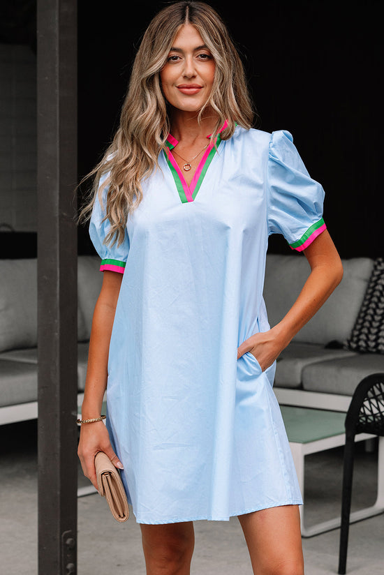 Lily Striped Notched V Neck Puff Sleeve Mini Dress