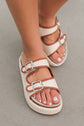 Beige Linen Dual Buckle Strap Thick Sole Slippers