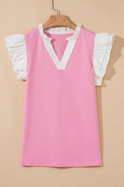 Serena Contrast V Neck Ruffled Textured Knit Top