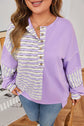 Purple Stripe Patchwork Buttoned Drop Shoulder Plus Size Pullover
