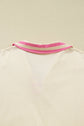 Pink Stripe Contrast Polo Collar Drop Shoulder Patchwork Plus Size Pullover