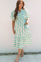 Billie Striped Floral Tie Split Neck Puff Sleeve Midi Dress