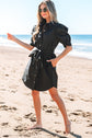 Malaya Button Up Tie Waist Puff Sleeve Mini Dress